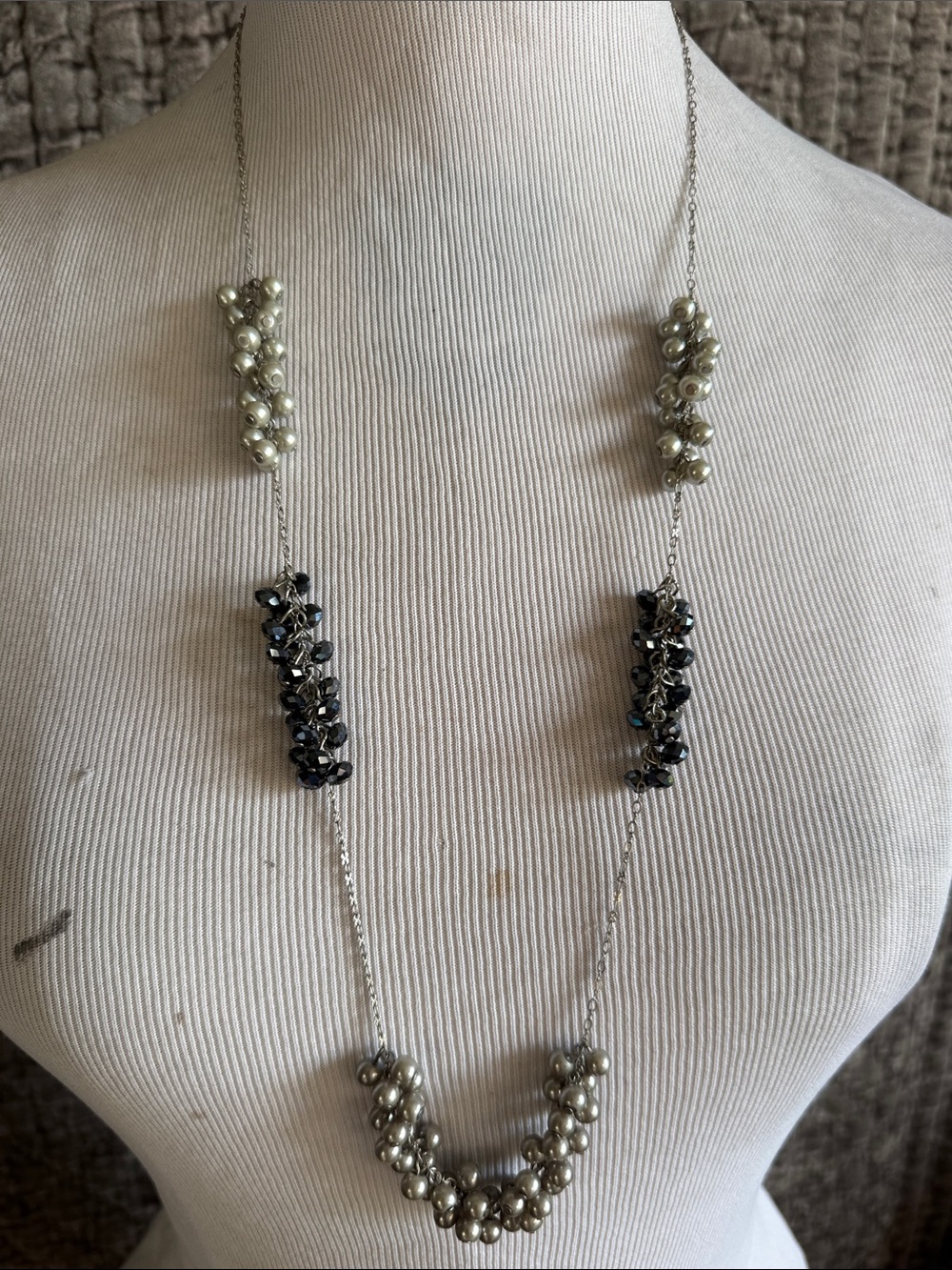 Long Silver -Tone Chain Necklace with Ivory Pearls and Gunmetal Beads -Cristals